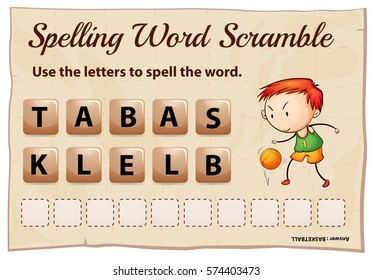 Spelling word scramble for word  basketball illustration