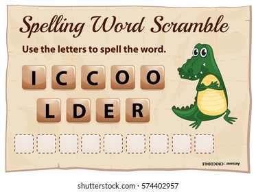 Spelling word scramble for word crocodile illustration