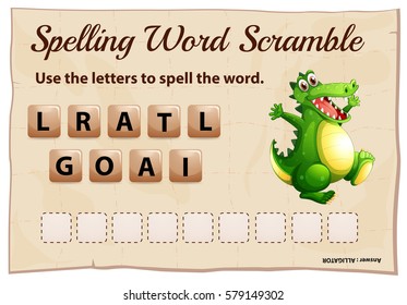 Spelling word scramble game with word alligator illustration