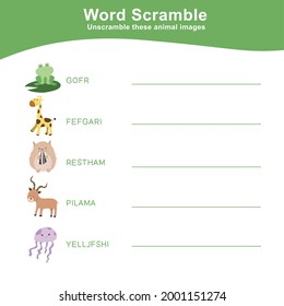 Spelling Word Scramble Game Animals Edition. Worksheet for learning English. Educational activity for preschool kids. Preschool Education. Vector illustration.