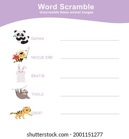 Spelling Word Scramble Game Animals Edition. Worksheet for learning English. Educational activity for preschool kids. Preschool Education. Vector illustration.