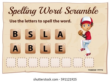 Juego de pelotas de la palabra scramble para ilustración de béisbol de palabras