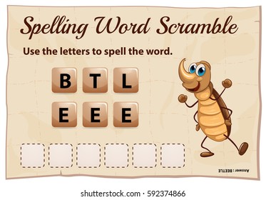 Spelling word scramble game with word beetle illustration