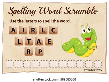 Spelling word scramble game for word caterpillar illustration
