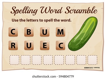 Spelling word scramble game with word cucumber illustration