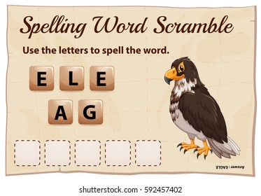 Spelling word scramble game with word eagle illustration