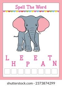 Spelling word scramble game Educational activity for kids with word Elephant