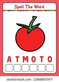 Spelling word scramble game Educational activity for kids with word Tomato