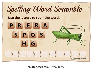 Spelling word scramble game with word grasshopper illustration