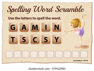 Spelling word scramble game with word gymnastics illustration