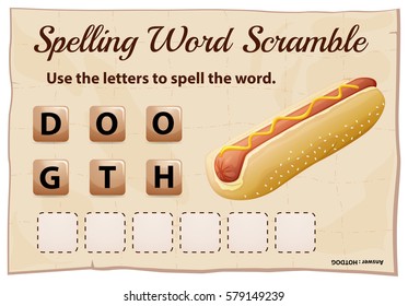 Spelling word scramble game with word hotdog illustration