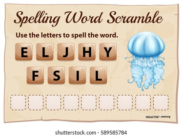 Spelling word scramble game for word jellyfish illustration