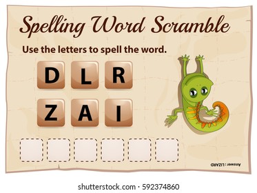 Spelling word scramble game with word lizard illustration