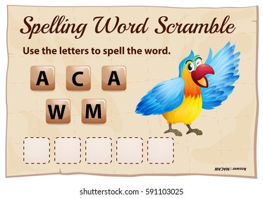 Spelling word scramble game with word macaw illustration