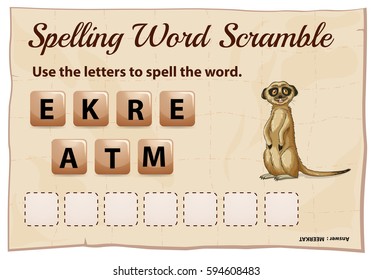 Spelling word scramble game with word meerkat illustration