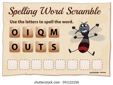 Spelling word scramble game for word mosquito illustration