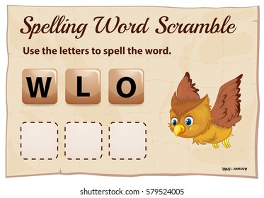 Spelling word scramble game with word owl illustration