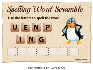 Spelling word scramble game with penguin illustration