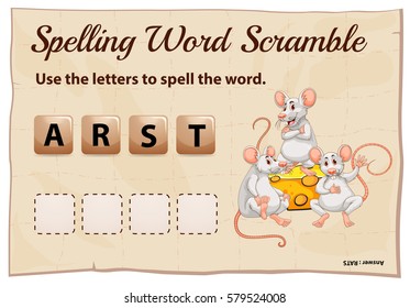 Spelling word scramble game with word rats illustration