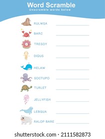Spelling Word Scramble Game Sea Animals Edition. Worksheet for learning English. Educational activity for preschool kids. Preschool Education. Vector illustration.