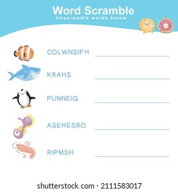 Spelling Word Scramble Game Sea Animals Edition. Worksheet for learning English. Educational activity for preschool kids. Preschool Education. Vector illustration.