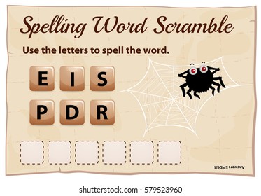 Juego de rayado de palabras ortográficas con ilustración de araña de palabras