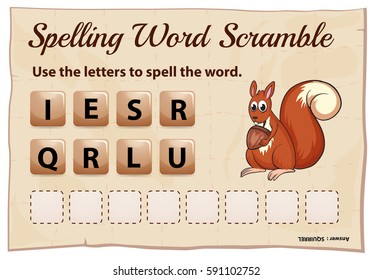 Spelling word scramble game with word squirrel illustration