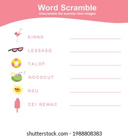 Spelling Word Scramble Game Summer Edition. Worksheet for learning English. Educational activity for preschool kids. Preschool Education. Vector illustration.