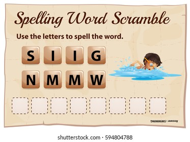 Spelling word scramble game with word swimming illustration