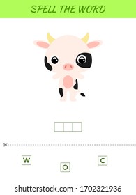 Spelling word scramble game template. Educational activity for preschool years kids and toddlers with cute cow. Flat vector stock illustration.