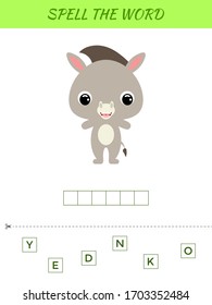 Spelling word scramble game template. Educational activity for preschool years kids and toddlers with cute donkey. Flat vector stock illustration.