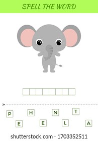 Spelling word scramble game template. Educational activity for preschool years kids and toddlers with cute elephant. Flat vector stock illustration.