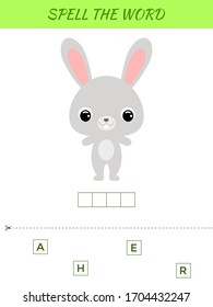 Spelling word scramble game template. Educational activity for preschool years kids and toddlers with cute hare. Flat vector stock illustration.