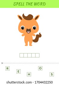 Spelling word scramble game template. Educational activity for preschool years kids and toddlers with cute horse. Flat vector stock illustration.
