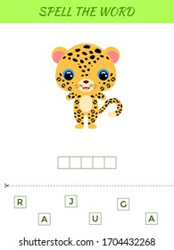 Spelling word scramble game template. Educational activity for preschool years kids and toddlers with cute jaguar. Flat vector stock illustration.