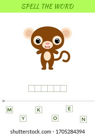 Spelling word scramble game template. Educational activity for preschool years kids and toddlers with cute monkey. Flat vector stock illustration.