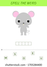 Spelling word scramble game template. Educational activity for preschool years kids and toddlers with cute mouse. Flat vector stock illustration.