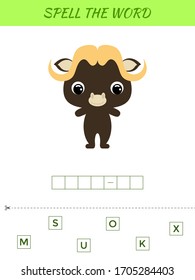 Spelling word scramble game template. Educational activity for preschool years kids and toddlers with cute musk ox. Flat vector stock illustration.