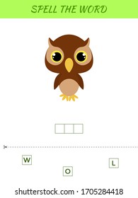 Spelling word scramble game template. Educational activity for preschool years kids and toddlers with cute owl. Flat vector stock illustration.