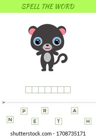 Spelling word scramble game template. Educational activity for preschool years kids and toddlers with cute panther. Flat vector stock illustration.
