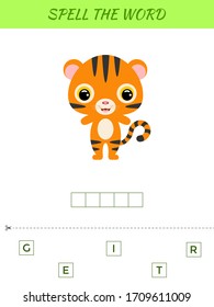 Spelling word scramble game template. Educational activity for preschool years kids and toddlers with cute tiger. Flat vector stock illustration.