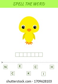 Spelling word scramble game template. Educational activity for preschool years kids and toddlers with cute chicken. Flat vector stock illustration.