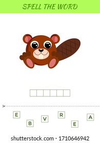 Spelling word scramble game template. Educational activity for preschool years kids and toddlers with cute beaver. Flat vector stock illustration.