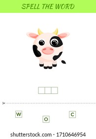 Spelling word scramble game template. Educational activity for preschool years kids and toddlers with cute cow. Flat vector stock illustration.