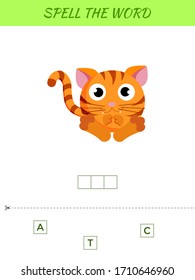 Spelling word scramble game template. Educational activity for preschool years kids and toddlers with cute cat. Flat vector stock illustration.