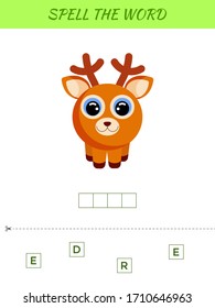 Spelling word scramble game template. Educational activity for preschool years kids and toddlers with cute deer. Flat vector stock illustration.