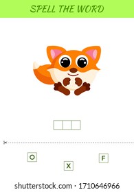 Spelling word scramble game template. Educational activity for preschool years kids and toddlers with cute fox. Flat vector stock illustration.
