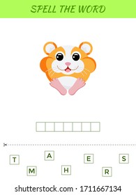 Spelling word scramble game template. Educational activity for preschool years kids and toddlers with cute hamster. Flat vector stock illustration.