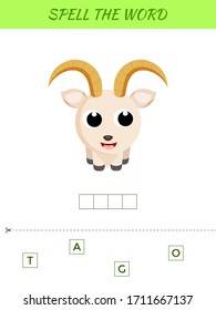 Spelling word scramble game template. Educational activity for preschool years kids and toddlers with cute goat. Flat vector stock illustration.