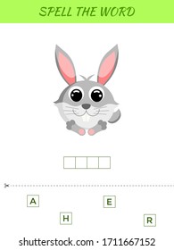 Spelling word scramble game template. Educational activity for preschool years kids and toddlers with cute hare. Flat vector stock illustration.